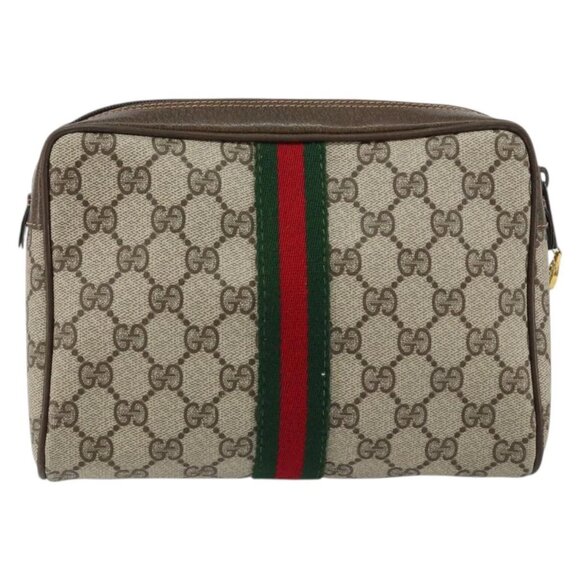 GUCCI GG Supreme Web Sherry Line Clutch Bag PVC Beige Auth BA7254 - Picture 2 of 16